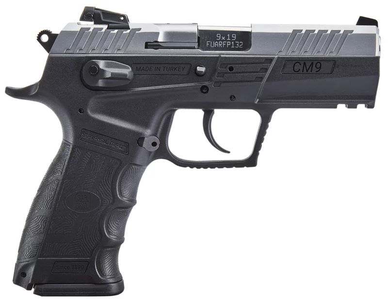 SAR USA CM9ST CM9 9mm Luger 17+1, 3.80" Black Steel Barrel, Stainless Steel Serrated Steel Slide, Black Polymer Frame w/Picatinny Rail, Black Finger Grooved Grip, Ambidextrous Safety, Right Hand